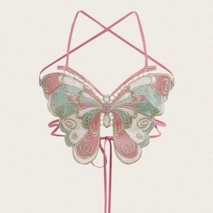 Butterfly Embroidery Crisscross Tie Backless Crop Halter Top